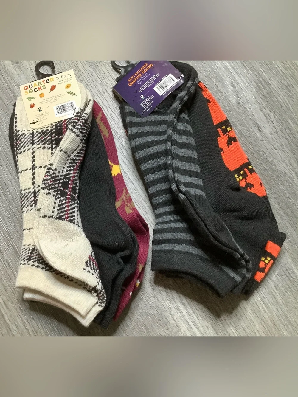 Women's Halloween Cat & Sunflower Quarter Sock Duo - Orange, Black & Burgundy